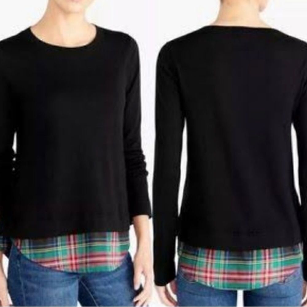 J Crew mercantile, women’s black light weight, Tartan print plaid sweater /S